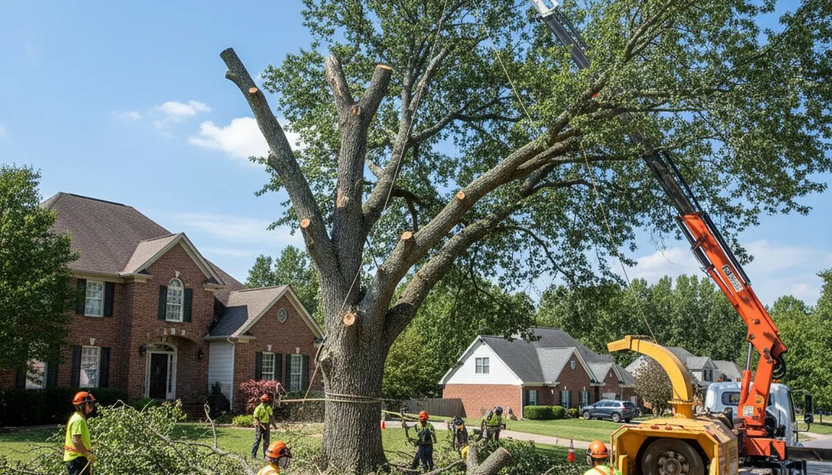 Professional crew performing residential tree removal with crane and chainsaws in Salisbury, MD
