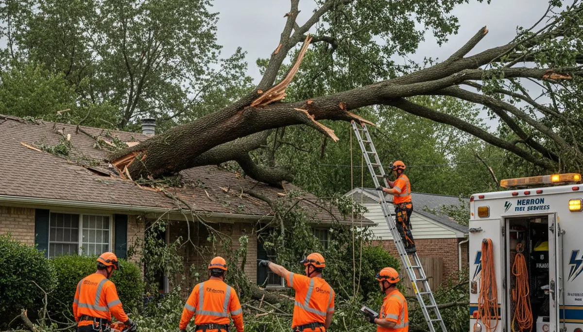 Emergency tree removal crew clearing storm-damaged trees in Hebron near Salisbury, MD homes