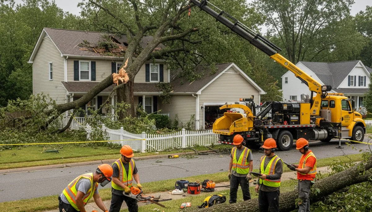 Emergency tree removal crew clearing storm-damaged trees in Pittsville near Salisbury, MD homes.