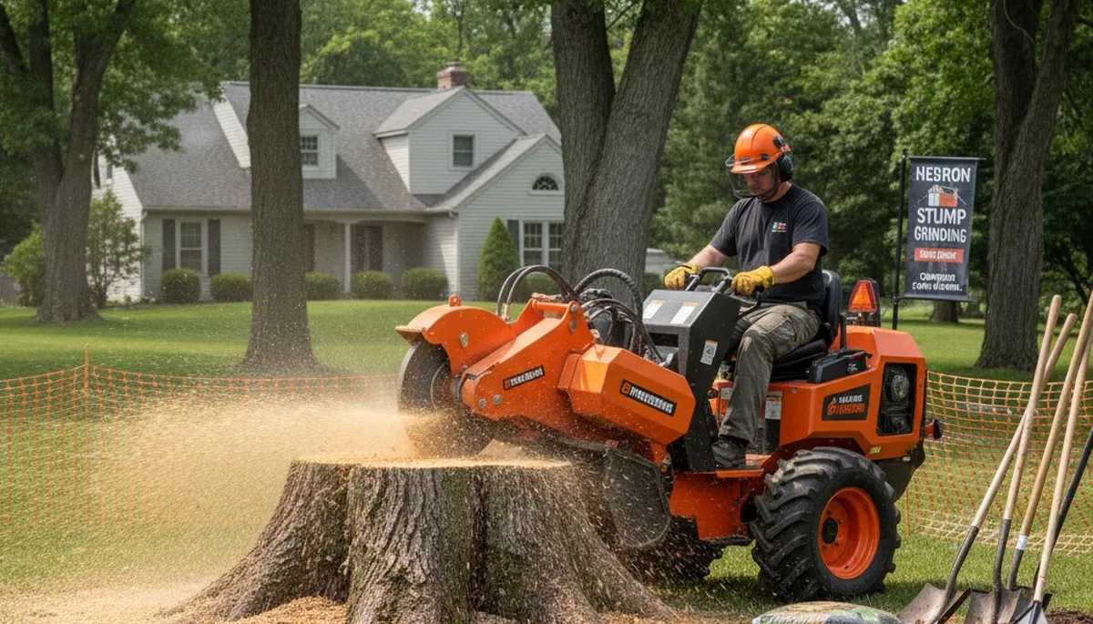 Professional stump grinding service removing tree stumps in Hebron, near Salisbury MD lawns