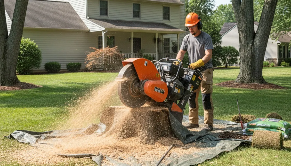 Stump grinding service removing tree stumps in Pittsville, MD by professional Salisbury tree specialists